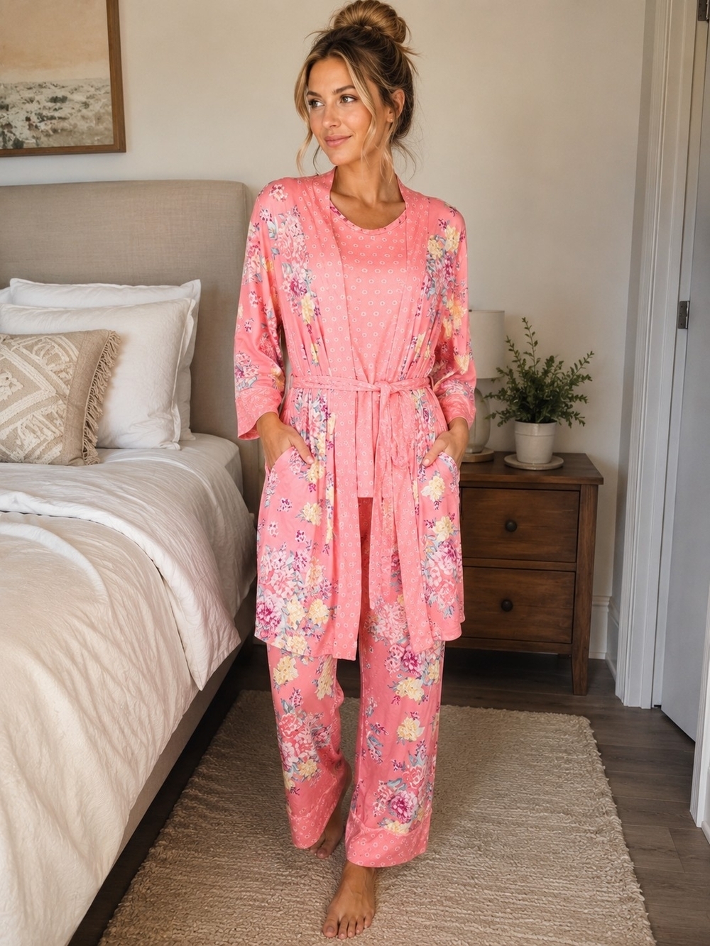 Flora Nikrooz Pink Floral Pajama Set Size Small Soft Stretch Lounge Sleepwear